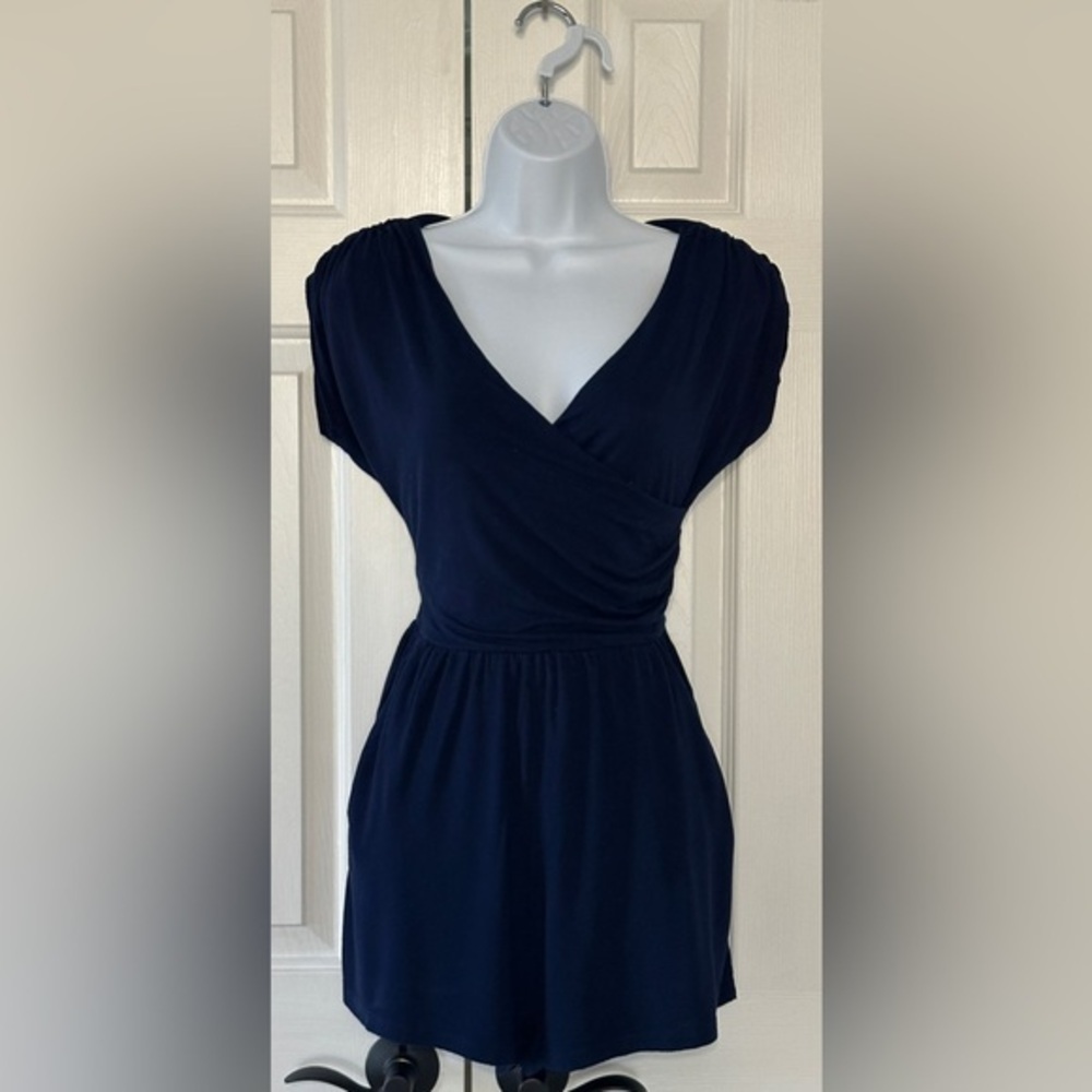 Gilli Blue Faux Wrap Romper Shorts Side Pockets Draped Bodice Size M/L